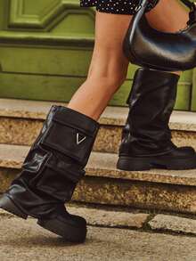 Insulated Slip-On Women's Boots On A Massive Platform With Pockets And Fold-Over Shaft Black Clarinda Winter Fashionable Stylish Black - Black - View 9