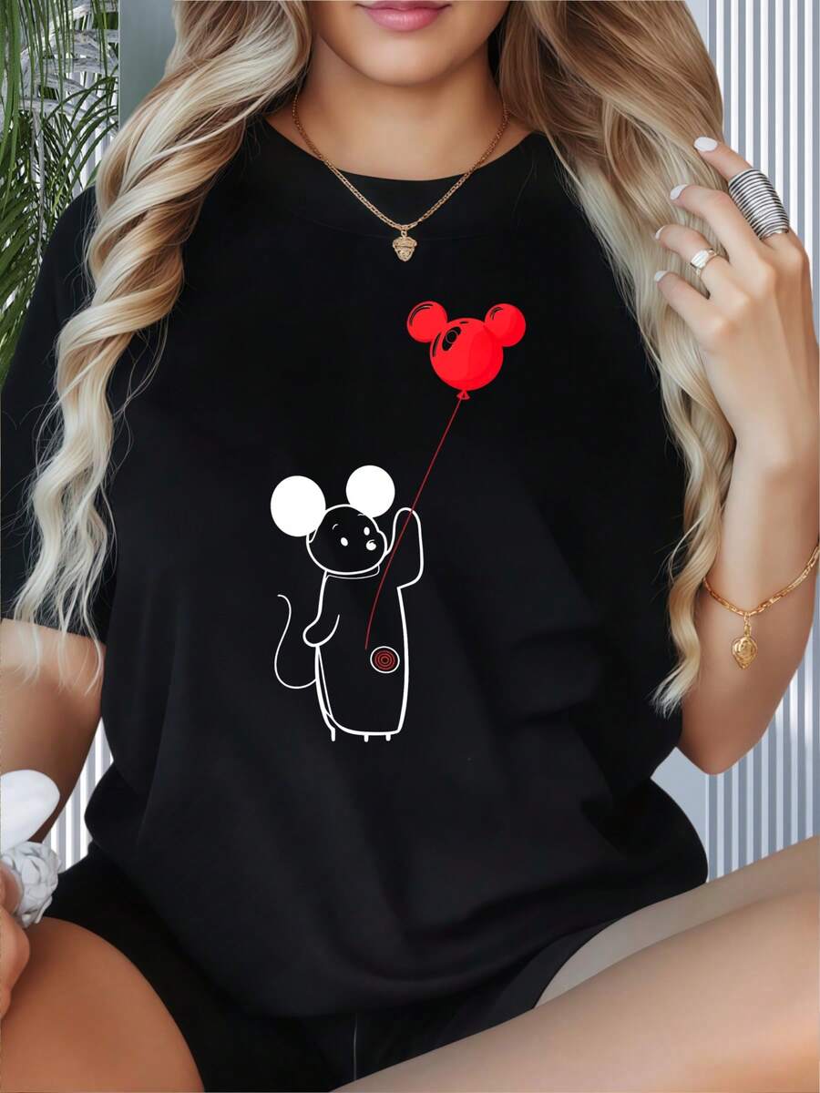 Mickey Mouse Holding Red Balloon Cartoon T-Shirt Women Casual Summer Top White Crewneck Shirt With Mickey Design For Girls And LadiesWomen's T-Shirt With Round Neck And Short Sleeves, Disney Theme Fun Printing, Suitable For Christmas Partysports Activitiesholiday PartiesoutingsNew Year Gift Sports And Other Holiday Gifts (220g). - 白色 - 查看 1