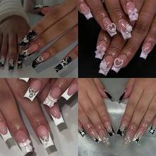 4 Sets Of 96pcs Medium Long Square Press-On Nails, Dark Princess Full Rhinestones Ring, Pentagram, Love Heart, Black French Tips, Pink & White Romantic Styles, Fake Nail Kit With 4 Jelly Glue Sheets & 4 Nail Files - ABS - View 1
