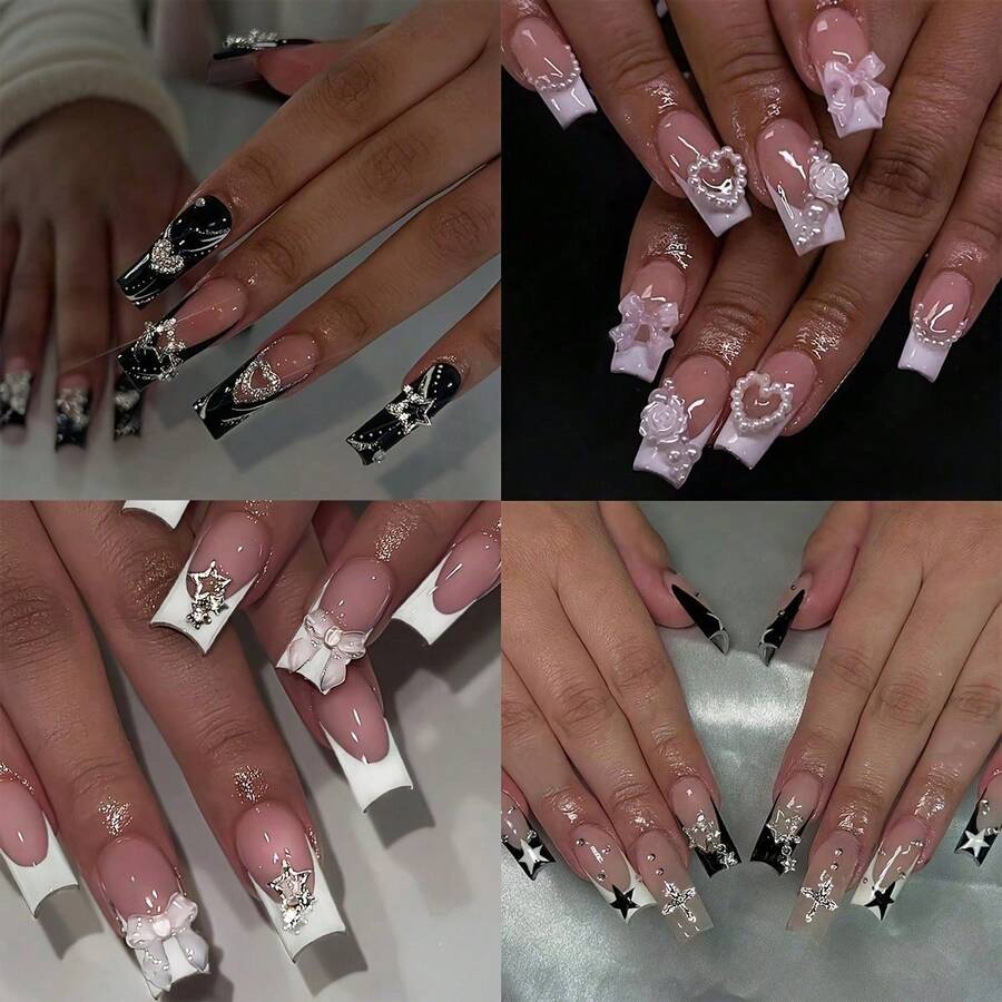 4 Sets Of 96pcs Medium Long Square Press-On Nails, Dark Princess Full Rhinestones Ring, Pentagram, Love Heart, Black French Tips, Pink & White Romantic Styles, Fake Nail Kit With 4 Jelly Glue Sheets & 4 Nail Files - ABS - View 1