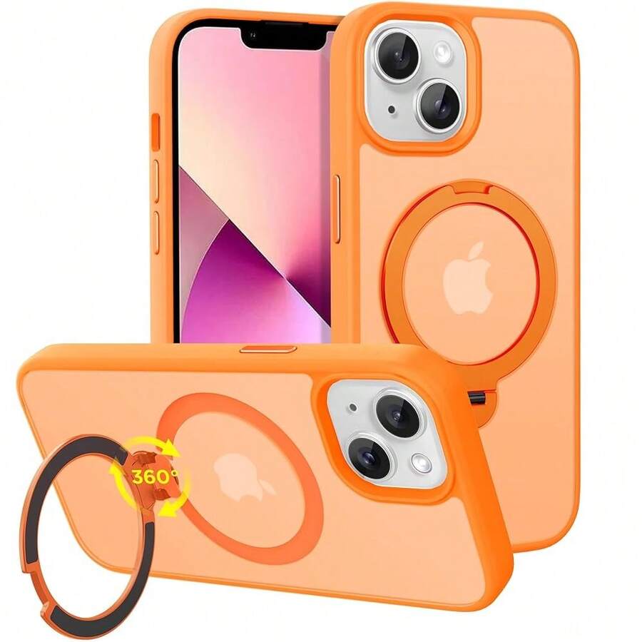 Magnetic Case For For IPhone 13/14 6.1 Inch With 360 Rotatable Ring Stand, Compatible With Mag Car Phone Mount, Cases Cover Phone Holder For Desk Meeting/Videos Orange,6.1inch(ForFor IPhone13/14),Orange - 橘色 - 查看 1