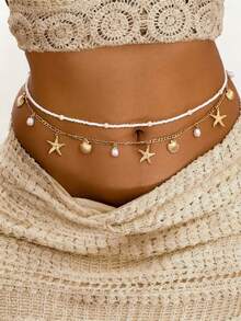 2pcs Bohemian Style Multi-Layer Beach Pearl & Starfish Beaded Waist Chain, Women Beach Body Jewelry