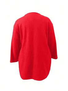 Plus Size Mid-Length Coat, Front Button Closure, Round Neck Long Sleeve, Solid Color Woolen Coat, Autumn/Winter Bestseller Spring Red - Red - View 2