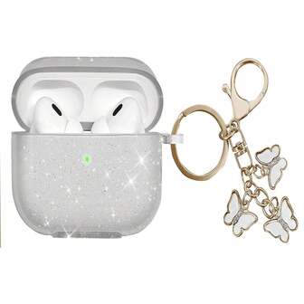 1pc Minimalist Glitter Transparent Shockproof Earphone Case + 3pcs Rhinestone Butterfly Keychain Bluetooth Earphone Case Suitable Compatible With Apple 1st/2nd/3rd/Pro/Pro 2nd Generation, Creative Design For New Pro 3
