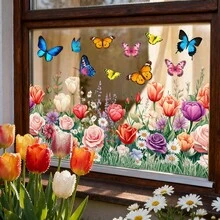 1/3pcs Spring Floral & Butterfly Window Stickers, Static Cling Decals, Anti-Collision Stickers For Home, Glass, Doors, Bathroom, Kitchen, Living Room, Vinyl Decals, Party Supplies