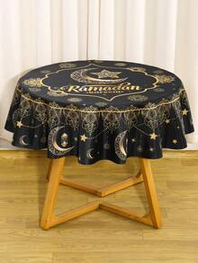 1 Stück Ramadan Tischdecke, 150CM Ramadan Kareem Polyester Runde Tischdecke, Schwarz Gold Mond Stern Laterne Muster Eid Mubarak Tischdecke, Ramadan Dekorationen für Zuhause, Feiertags Küche Esszimmer Tischdekoration, Eid Al-Fitr Festival Party Feier Zubehör - Verschiedenfarbig - Übersicht 5