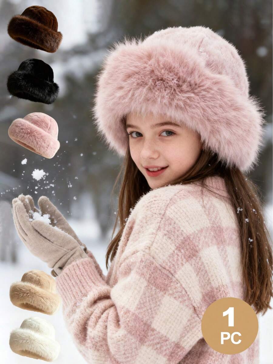 1件女孩10-16歲毛絨桶帽,毛絨耳罩帽,適合秋冬日常穿著,中性青少年風格,最佳禮物 - 彩色 - 查看 1