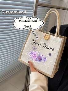 Customizable Name And Floral Print Linen Tote Bag - Khaki Large Size. Photos, Letters, Names, Logos, And Diy Patterns Can Be Printed On It. This Large-Capacity, Casual, Simple, And Lightweight Shopping/Storage Bag Is Suitable As A Gift For Female Friends, A Teacher'S Day Gift, A Wedding Favor, And Also For Travel, School, Work, Commuting, And Other Occasions. - Multicolor - View 3