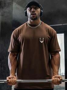 Men's Oversized T-Shirt With Dark Face, Monster, Macabre Smile, Giant Print, Streetwear, Aggressive Look - 鏽棕色 - 查看 2