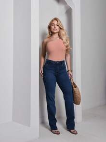 Women's Straight Leg Jeans, High Waist, Comfortable, Casual, Stylish - Rửa trung bình - Xem 5