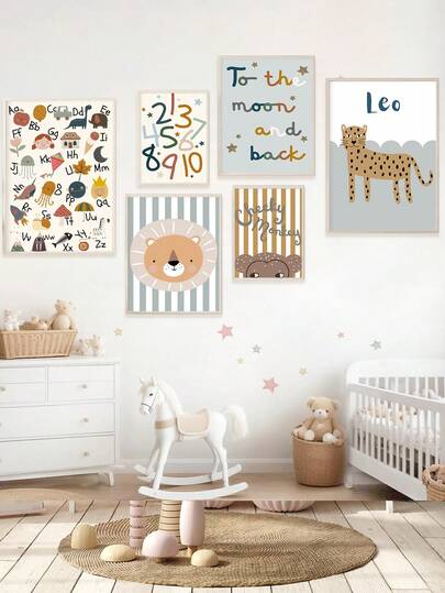 1幅帆布墙画，适用于儿童房、游戏室、幼儿园、男孩房/女孩房装饰。现代简约风格，以野生动物为主题，采用中性色调和柔和的插画，是画廊墙面装饰的理想之选。防水材质，适合派对装饰、礼品、婴儿用品、女婴房、男婴房等。带框儿童房墙画，适合女孩卧室、儿童房等各种房间装饰。