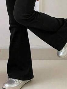 少女字母印花短袖上衣和修身喇叭裤套装 - 黑色 - 查看 6