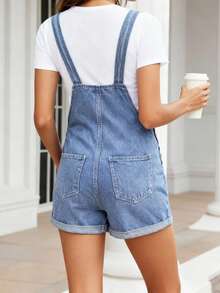 Women's Casual Denim Bib Shorts, Sleeveless, With Button Details And Pockets - Medium Wash - View 5