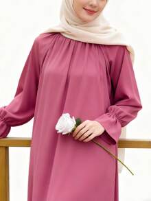 A Casual Pink Dress For Daily Use, With Loose Long Sleeves And No Headscarf, Made Of Draping Fabric, Creates A Retro And Elegant Style Dress - Pink - View 2