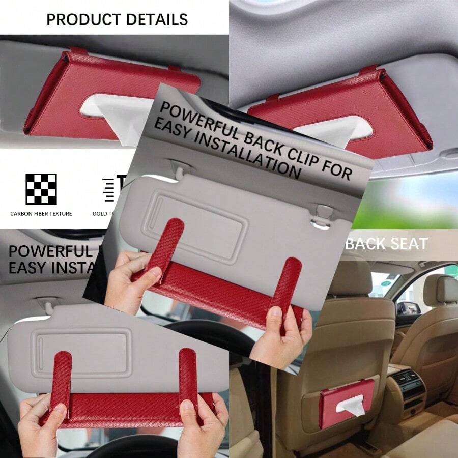Car Tissue Holder Car Tissue Box Rectangular Sun Visor Napkin Holder With Tissue Refill PU Leather Napkin Case Auto Interior Accessories Universal For Visor And Backseat Red - 紅色 - 查看 1