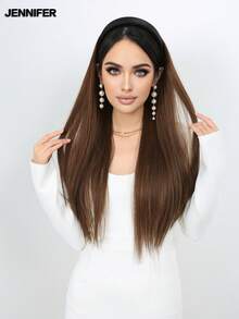 Diadema de cabello sintético con extensiones rectas largas con trenzas retorcidas, color marrón claro, accesorio de peluca mitad natural - Multicolor - Ver 4