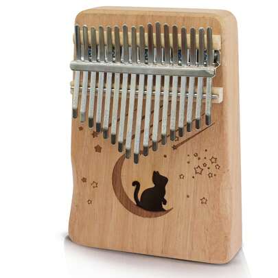 17 Key Kalimba Thumb Piano For Beginners, Moon Cat & Butterfly Love Flower Design, Wooden Musical Instrument With Tuning Hammer & Guidebook, Unique Gift For Kids & Adults