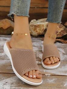 Women's Fashion Oversized Open Toe Simple Comfortable Wedge Slide Sandals, Suitable For Summer - Khaki - View 5