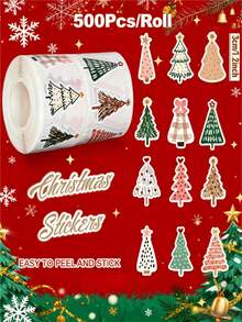 500 Christmas Bohemian-Style Stickers - Soft Color Christmas Tree Patterns, Pine Trees, Polka Dots, Floral Bows - Self-Adhesive (No Scissors Required) Suitable For Holiday Decorations, Gifts, Cards, Parties - Single-Use - Home, Office Or Classroom Decorations, Festive Handicrafts, Fun Designs, Easy To Tear Off, Decorative Labels, Gift Wrapping - Multicolor - View 1