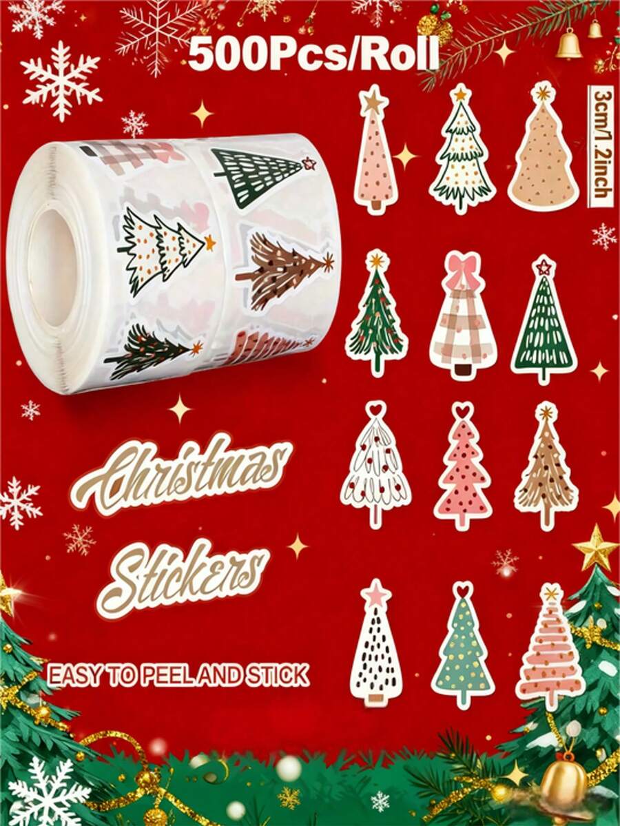 500 Christmas Bohemian-Style Stickers - Soft Color Christmas Tree Patterns, Pine Trees, Polka Dots, Floral Bows - Self-Adhesive (No Scissors Required) Suitable For Holiday Decorations, Gifts, Cards, Parties - Single-Use - Home, Office Or Classroom Decorations, Festive Handicrafts, Fun Designs, Easy To Tear Off, Decorative Labels, Gift Wrapping - Multicolor - View 1