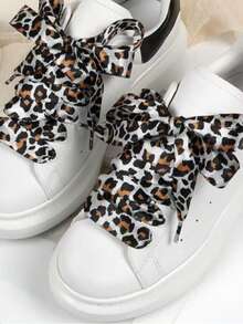 1 Pair 2cm Leopard Print Silk Dyed Shoelaces, Suitable For Skate Shoes, Sneakers, Casual Shoes - Black, White, Brown - View 1