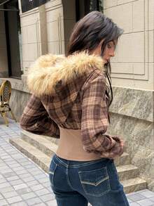 女士嬉皮风Y2K秋冬收腰复古格子羊毛外套，女士复古收腰修身格子拼接连帽卫衣，休闲格子连帽卫衣，适合派对、海滩、音乐会、新年、情人节等场合 - 咖啡棕 - 查看 6