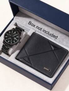 2pcs Men's Stylish Black Textured Watch Set, Includes 1 Multifunctional Quartz Watch And 1 Black Textured Wallet. Featuring Black Metal Strap And Embossed Stitched Leather Design, Sophisticated And Fashionable, Showcasing Masculine Charm. - Black - View 7