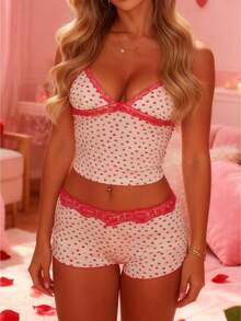 Women's 2 Piece Pajamas Set Cute Sleeveless Dots Print Cami Tops + Shorts Set Lounge Clothes - 紅色 - 查看 1
