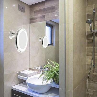 10倍放大LED灯化妆镜，壁挂式360°旋转可调节臂，吸盘底座锁定设计，便携式带灯化妆镜，适用于家庭、浴室和旅行，用于精准化妆，电池供电（不含电池）