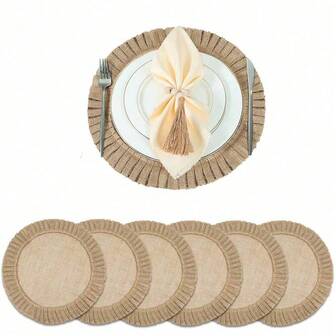 6pcs Natural Jute & Linen Series Kitchen Tabletop, Placemat Set, Round Shape With Ruffle Trim, Natural Color - Decorative Placemats For Party, Dining Table, Coasters