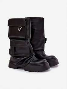 Insulated Slip-On Women's Boots On A Massive Platform With Pockets And Fold-Over Shaft Black Clarinda Winter Fashionable Stylish Black - Black - View 2