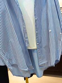 Elegantes gestreiftes Langarm Hemd in Große Größen, Regular Fit undurchsichtige Bluse, geeignet für den täglichen Gebrauch - Babyblau - Übersicht 5