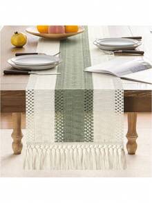 Boho Style Table Runner, Home Decor, Farmhouse Rustic Table Runner, Cream And Brown Tassel Woven Table Runner, Suitable For Boho Restaurant, Bedroom Decor, Rustic Bridal Shower
