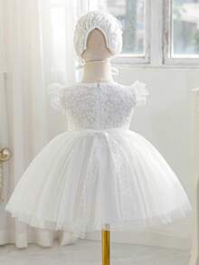 Baby Girls 0-2 Years White Lace Tulle Christening Dress With Hat - White - View 4
