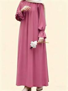 A Casual Pink Dress For Daily Use, With Loose Long Sleeves And No Headscarf, Made Of Draping Fabric, Creates A Retro And Elegant Style Dress - Pink - View 3