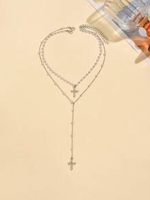 2件套手工玻璃水晶十字架吊坠仿珍珠项链，Y形时尚女式首饰，长度可调节，适合日常佩戴、外出和拍照 - 彩色 - 查看 3