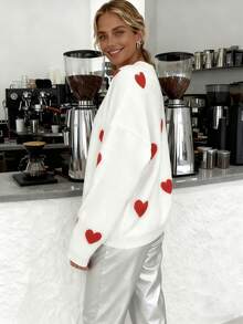 Valentine's Day Holiday Models Women's Autumn And Winter Fashion Casual Random Heart Pattern Round Neck Comfortable Jumper Pullover Tops - White - View 7