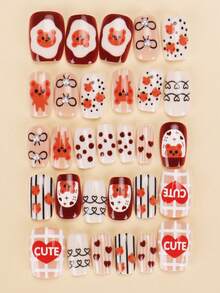 30 Pieces Press On Nails Square/Short Square Nail Art With Leopard Cartoon Pattern And Pearl Decoration/Perfectly Fitting Acrylic Fake Nail Set, Including 1 Jelly Glue And 1 Nail File, Suitable For Women's Daily Work, Study, And Gatherings In Autumn And Winter Nail Products Suitable For Gatherings, Festivals , And Daily Use Nail Supplies - Multicolor - View 3