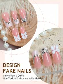 24 sztuki akrylowych paznokci francuskich w stylu Kpop, długie, kwadratowe, do naklejania na paznokcie, zestaw sztucznych paznokci Y2K w kolorze białym/różowym 3D z kokardkami/diamentowymi dodatkami, odpowiedni do salonów kosmetycznych, dla dziewcząt i kobiet, na co dzień, na imprezy świąteczne i prezenty noworoczne - Wielokolorowe - Zobacz 3