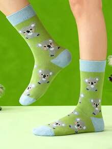 1 Đôi tất vải họa tiết gấu trúc xanh lá cây dành cho cả nam và nữ, tất dài đến bắp chân mềm mại, thoải mái, thời trang, dễ mặc hàng ngày và ngoài trời, thích hợp cho mùa xuân, thu và đông - màu xanh lá - Xem 6