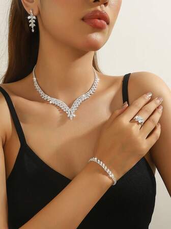 Set de 5 piezas de collar de zirconia con forma de V, joyas elegantes de plata para mujer, 4 accesorios adecuados para boda, fiesta, baile, regalo