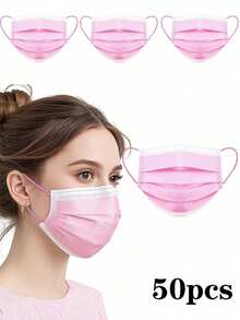 50个一次性口罩，多种颜色可选，亲肤柔软，三层口罩，弹性耳带 - 非常适合家庭、学校、办公室、户外和露营！