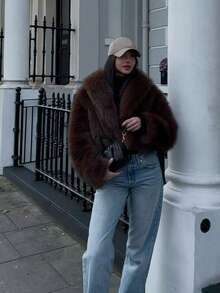 山茶花新款秋冬仿狐狸毛领时尚短款夹克青春时尚人造皮草大衣