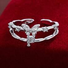 1pc Letter Design Cubic Zirconia Inlaid Adjustable Open Ring For Women - Multicolor - View 39