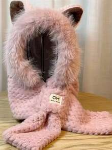 1pc Solid Color Polyester Fluffy Trimmed Earmuff Scarf Combo Hat, Thick Warm Cap For Autumn/Winter Valentines Gift