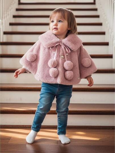 Ropa de invierno para niña, abrigo de piel de color liso con solapa ancha y mangas largas de murciélago, capa con decoración de perlas