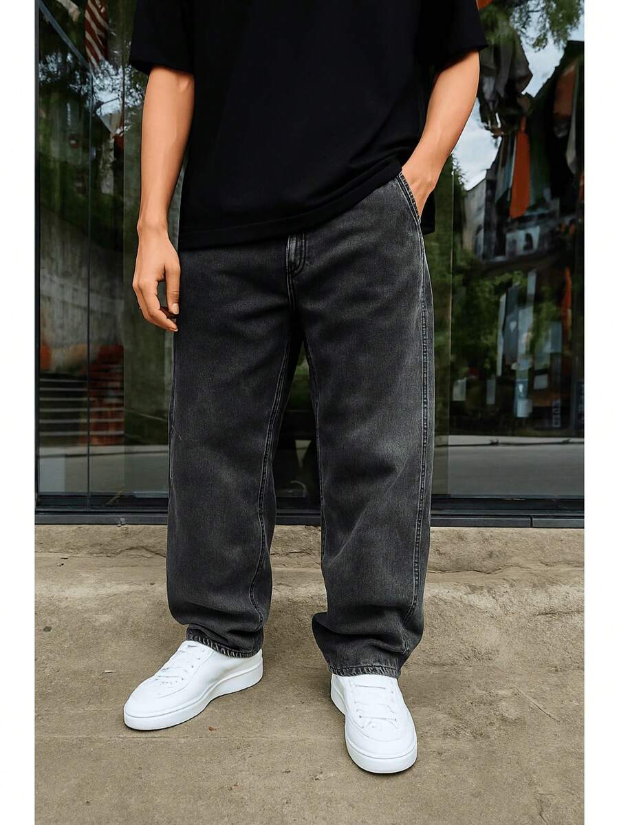 Dazzling Men's Original Plus Size Wide-Leg Balloon Jeans - Black and White - View 1