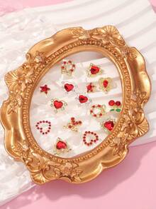 24pcs Red Nail Jewelry Y2K Alloy Nail Art Rhinestone Decor, 3D Heart Star Nail Gems With Shiny Rhinestone Love Heart Nail Jewels Decorations Nails - Red - View 5