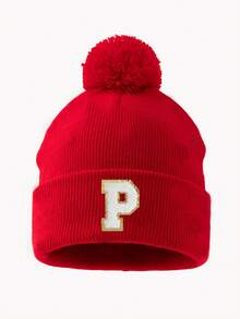 1pc Women's Fashion A-Z Letter Fuzzy Pom Pom Knit Beanie Hat, Suitable For Autumn/Winter Daily Warmth And Outfits - Red - View 13