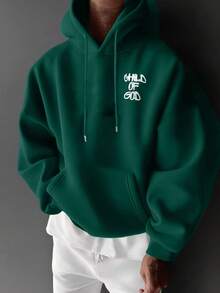 Áo hoodie nam phong cách thường ngày, thời trang đường phố, in chữ và có túi kangaroo, dây rút, thích hợp cho mùa thu/đông. - màu xanh lá - Xem 2